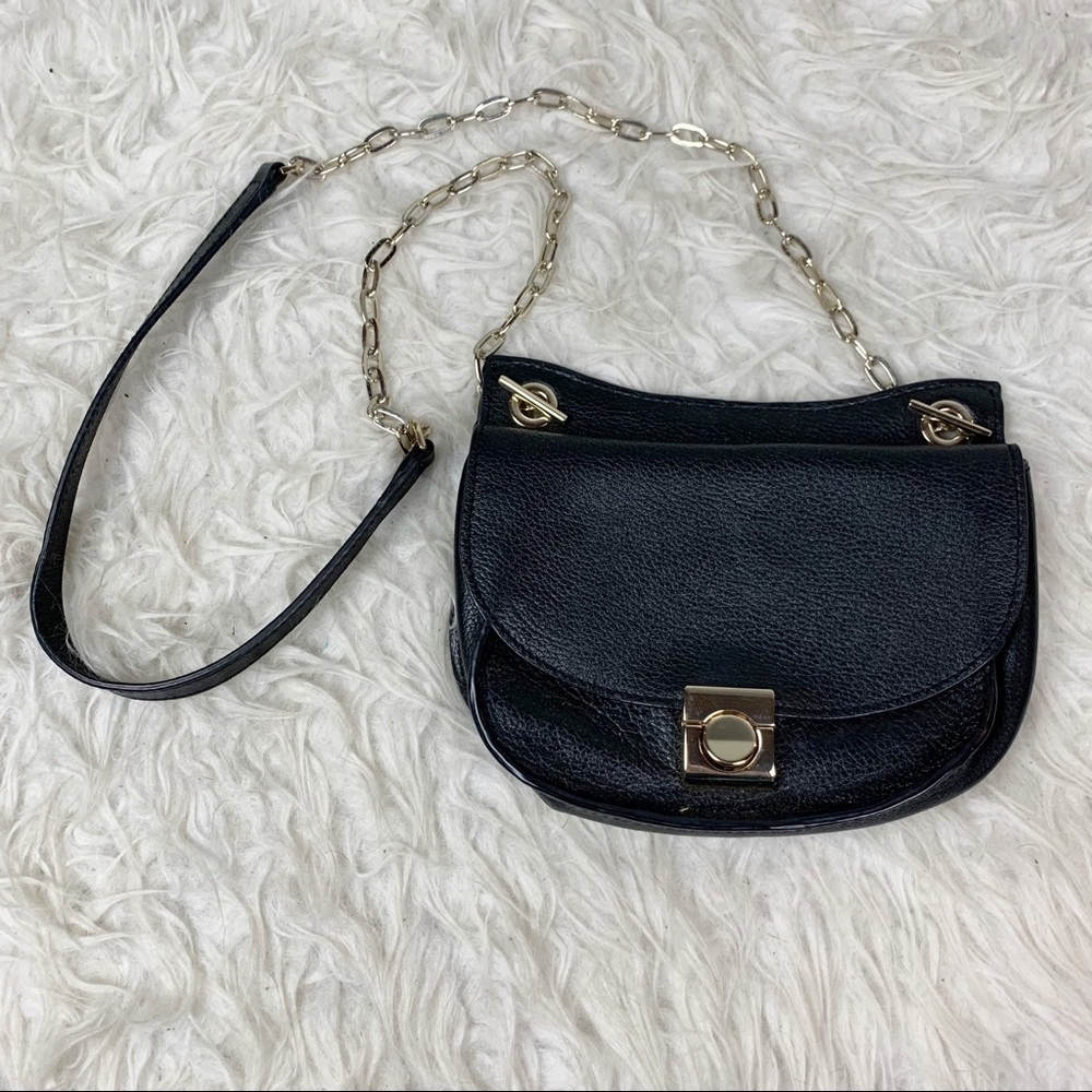 MASSIMO DUTTI Mini Black Pebbled Leather Crossbody Chain Strap Lock Closure